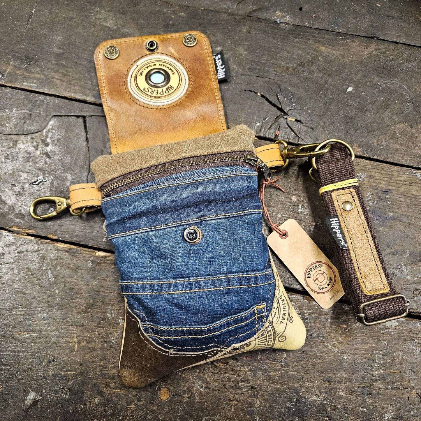 Hippers 2-zijdig jeans/lichtbruin army