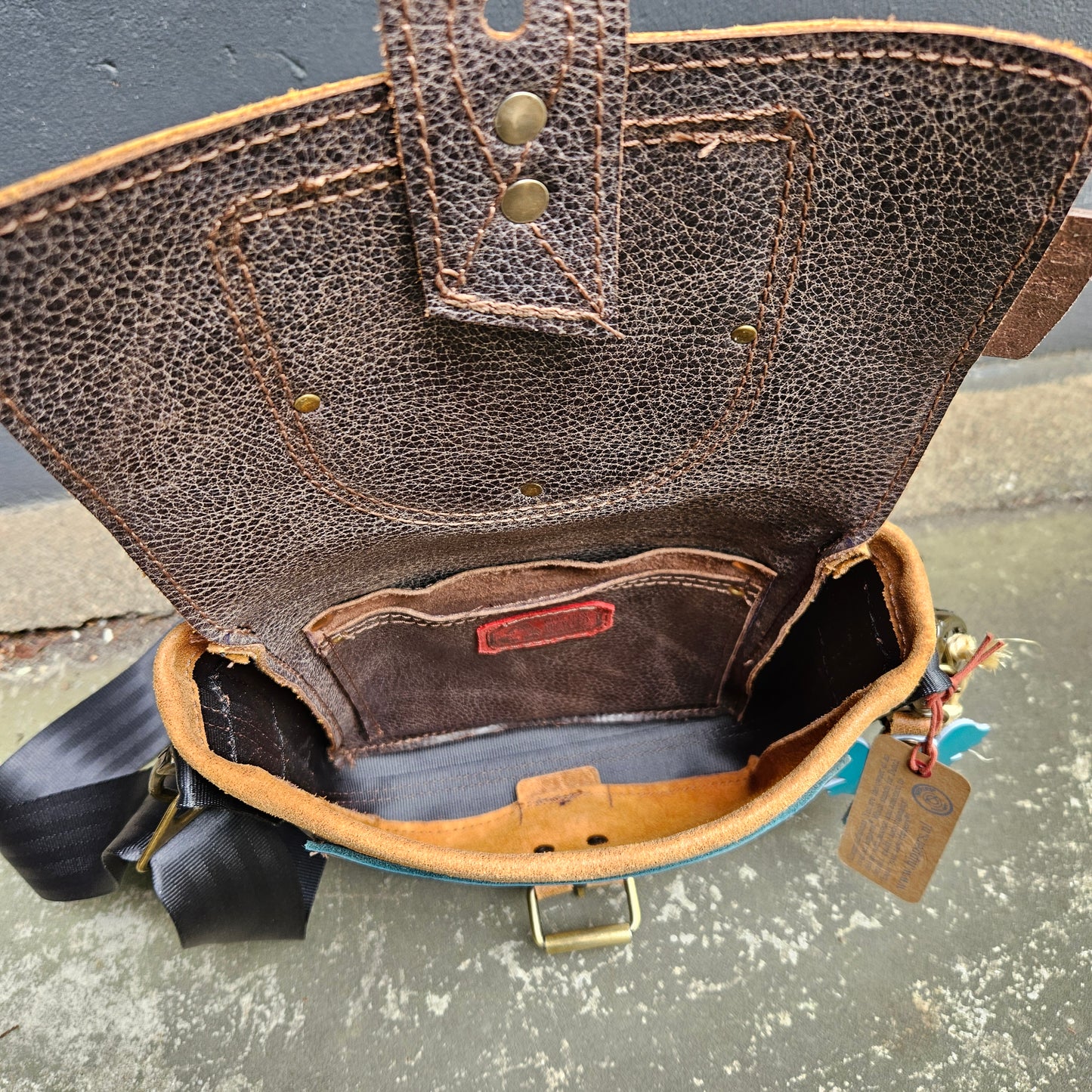 Gordeltas mini oker petrol bruin