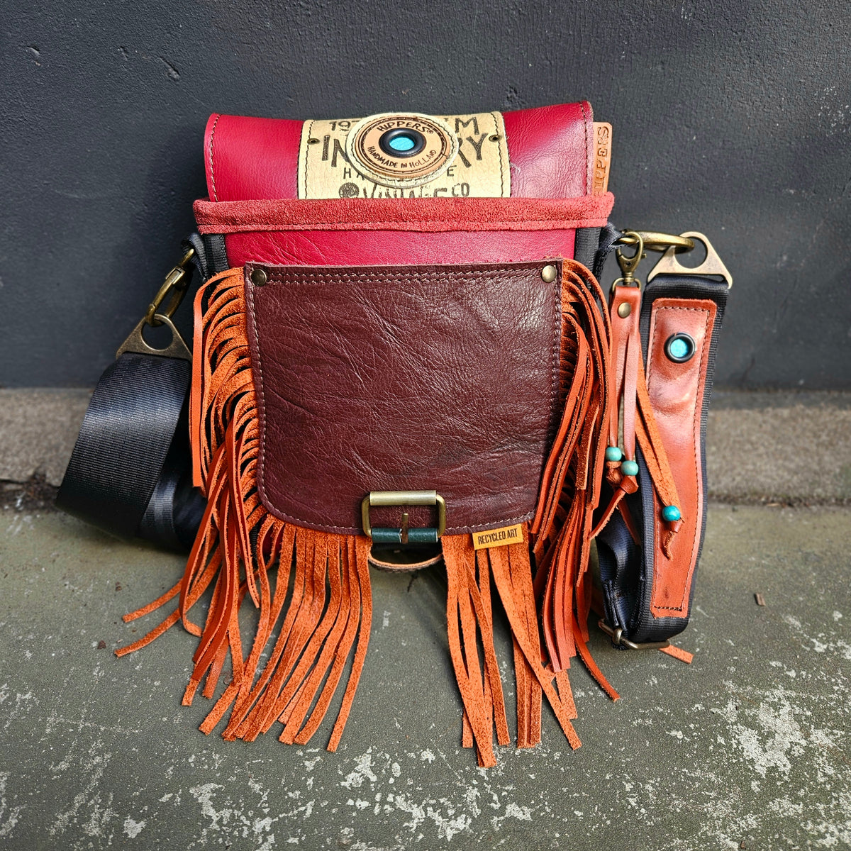 Gordeltas mini rood oranje franje