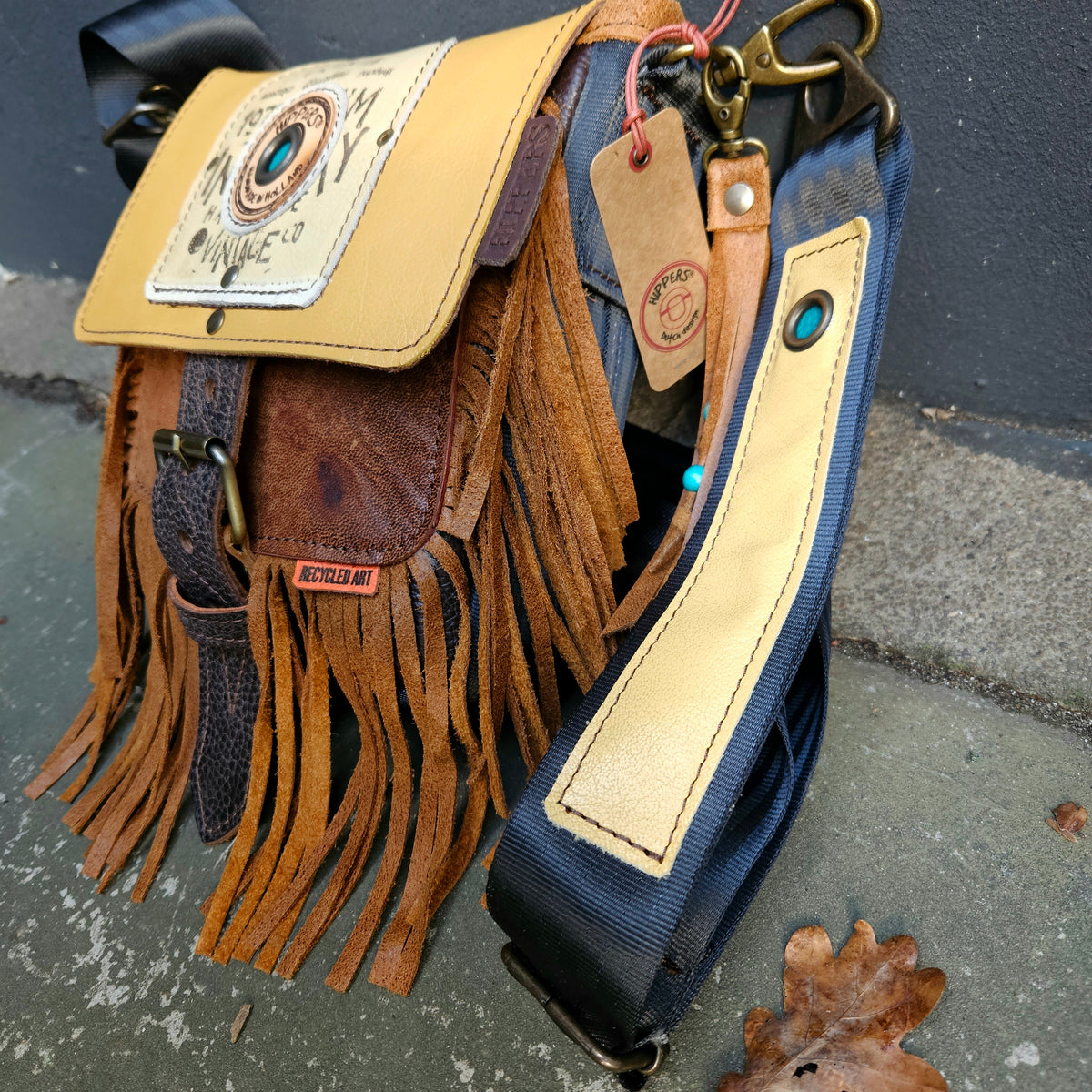 Gordeltas mini geel bruin franje