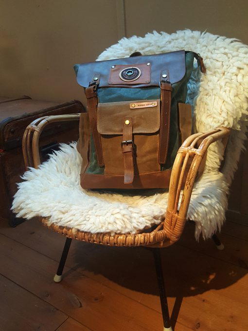 Raw Rugzak leer/canvas groen blauw bruin - Afbeelding 9