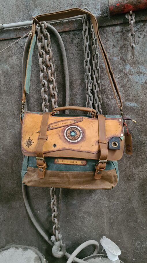 Raw Vintage schoudertas laptoptas leer/canvas groen - Afbeelding 15