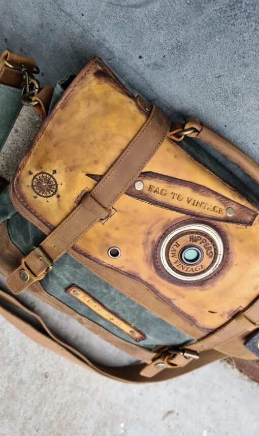 Raw Vintage schoudertas laptoptas leer/canvas groen - Afbeelding 2