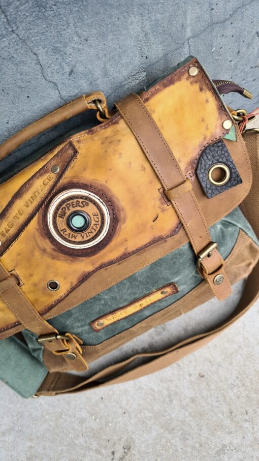 Raw Vintage schoudertas laptoptas leer/canvas groen - Afbeelding 3