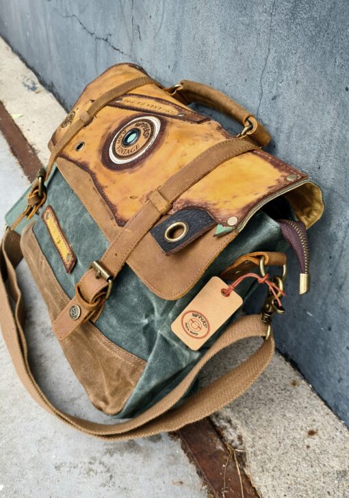 Raw Vintage schoudertas laptoptas leer/canvas groen - Afbeelding 4