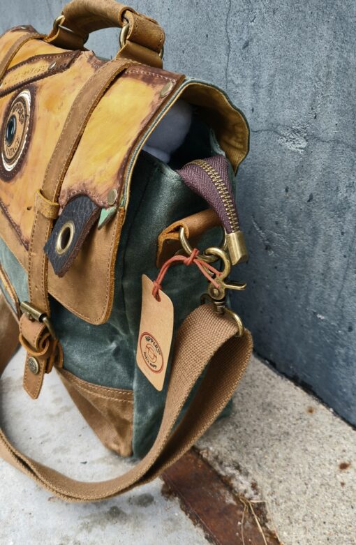 Raw Vintage schoudertas laptoptas leer/canvas groen - Afbeelding 6