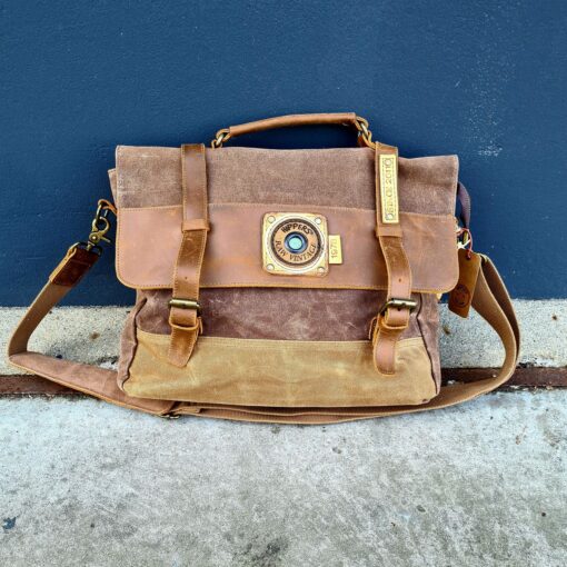Raw Vintage schoudertas laptoptas leer/canvas bruin